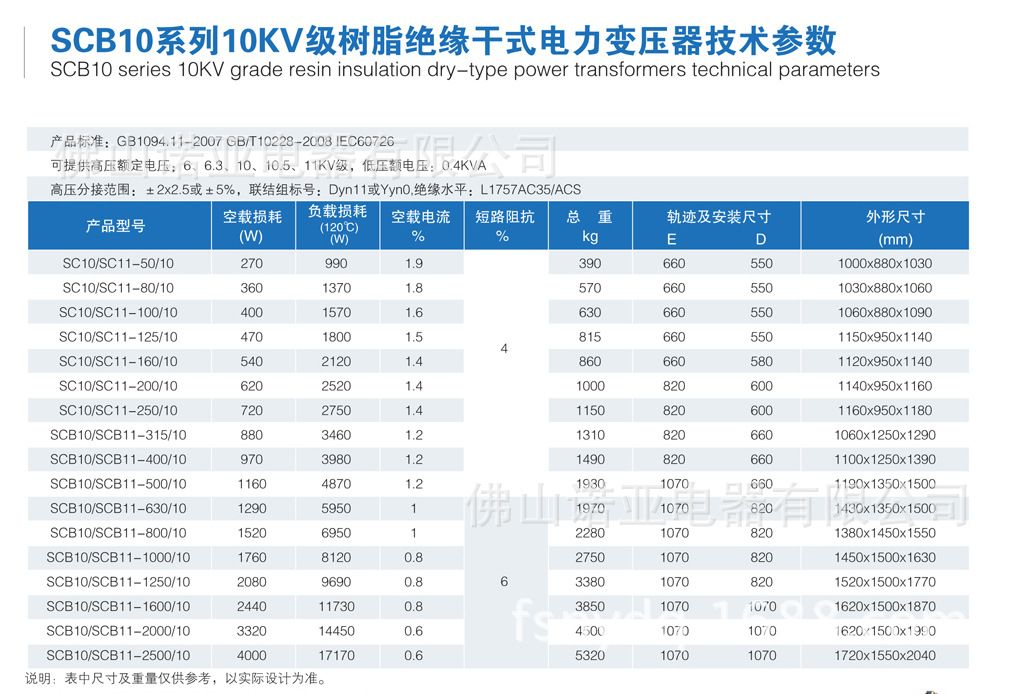 SCB10系列10KV级树脂绝缘干式变压器技术参数图