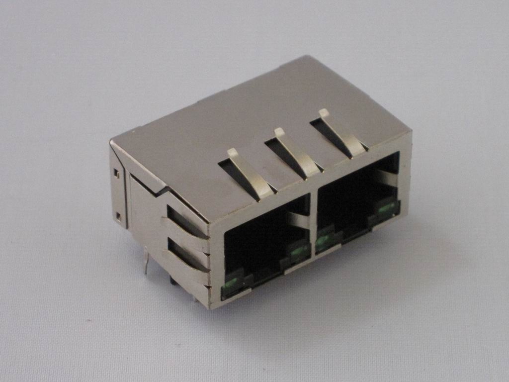 RJ45带变压器网络插座 百兆双口联体带LED带弹片 PCB插座